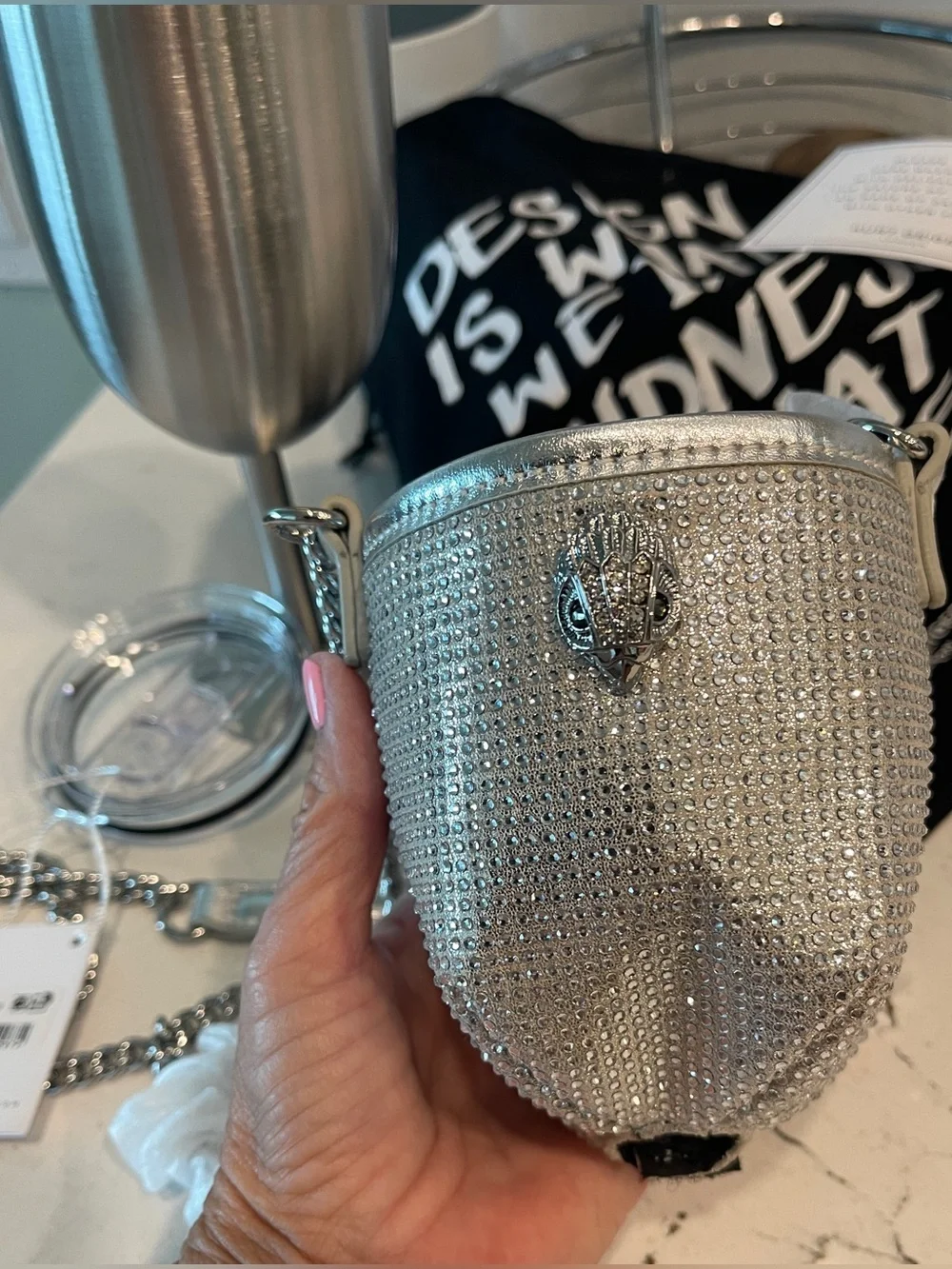 Kurt Geiger Wearable Wine Goblet/Insulated/lidded/Crystal Laden Cover +Dust Bag
